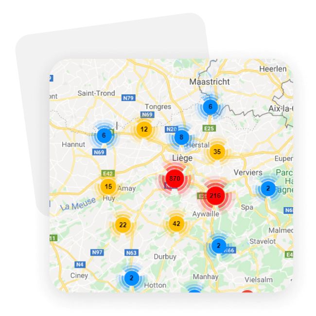 carte géographique montrant la densité de clients par endroit grâce à des chiffres de différentes couleurs et de différentes tailles