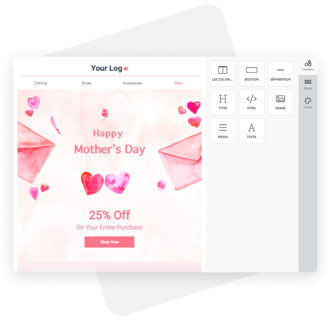 Interface de création d'email avec un modèle pour la fête des mères