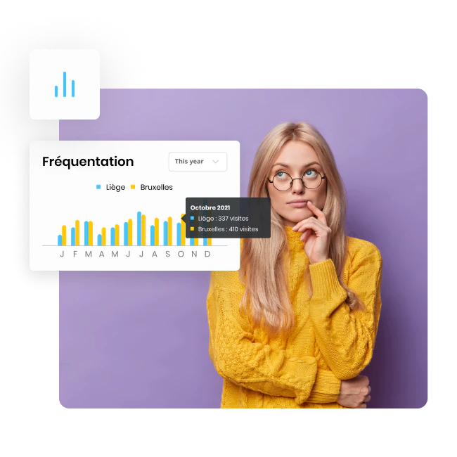 Femme qui réfléchit à la fréquentation de son commerce sur fond violet